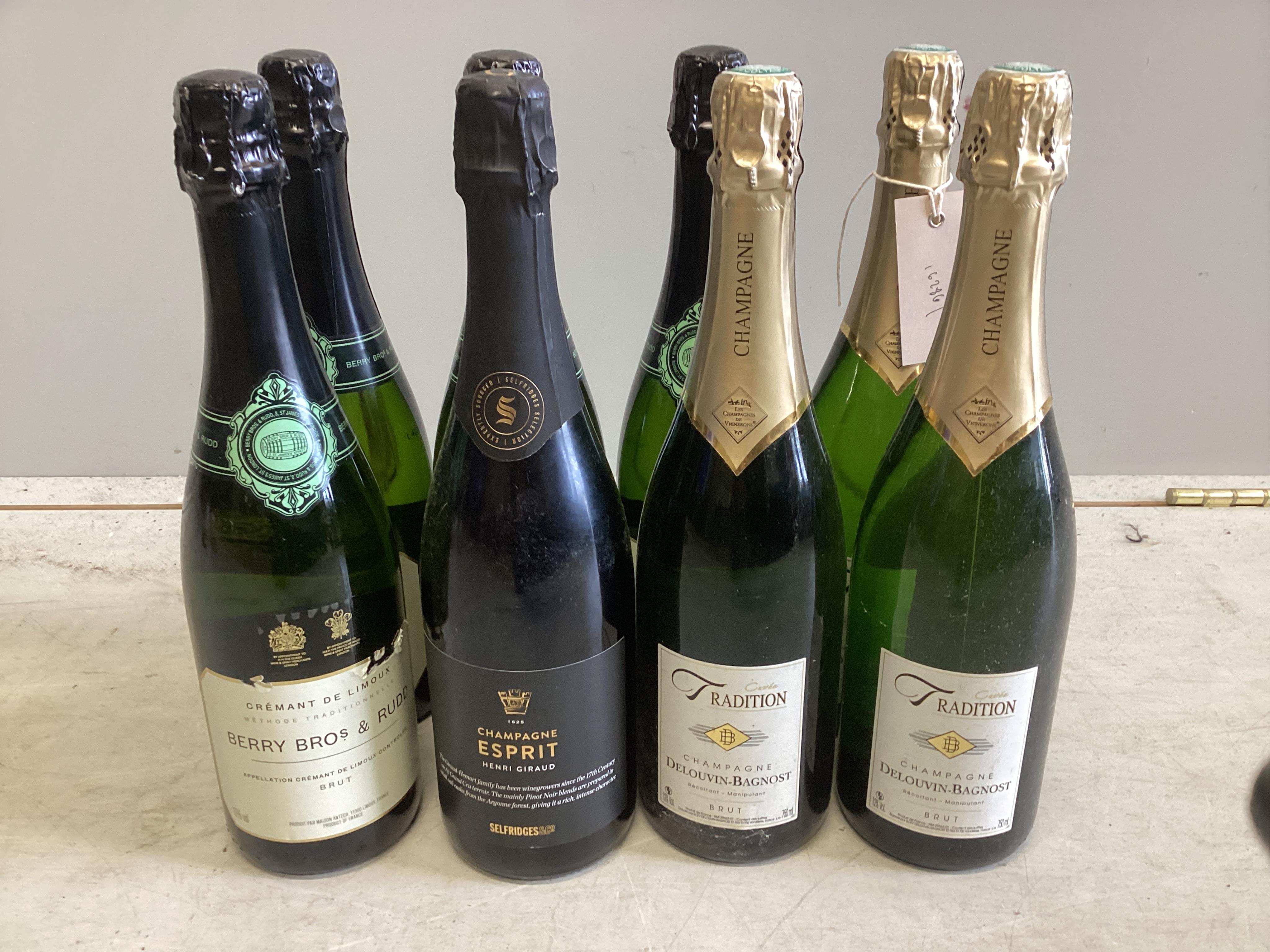 Four bottles of Berry Bros.& Rudd Cremant De Limoux, three bottles of Delouvin Bagnost Champagne and a bottle of Henri Giraud Esprit Champagne (8) Surplus stock from a local wedding planner. Condition - good